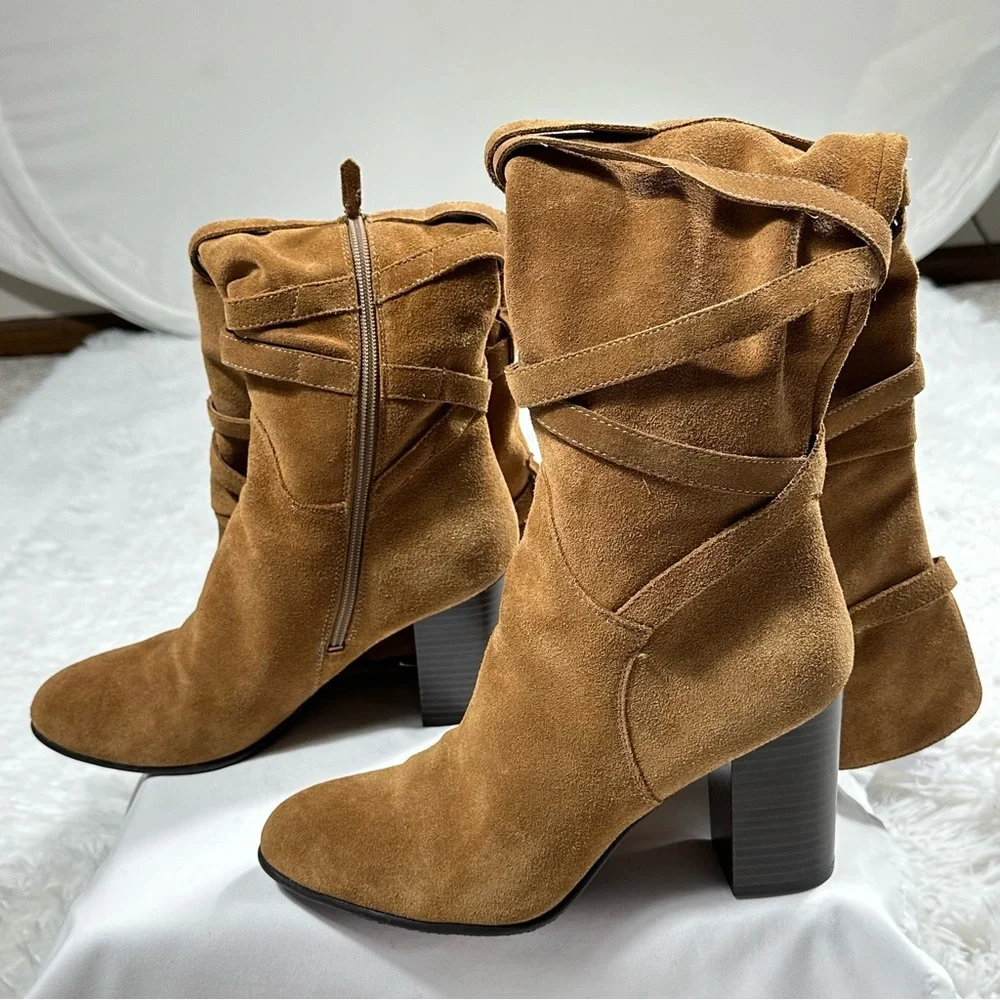 Sam Edelman Over the Knee Suede Boots Womens 8M Tan Block Heel Crisscross Wrap